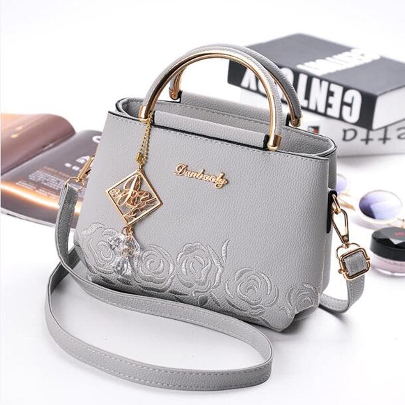 Dámska kabelka s výšivkou, koža Pu, čierna potlač kvetov Crossbody kabelka Dámske kabelky svetlo šedá farba