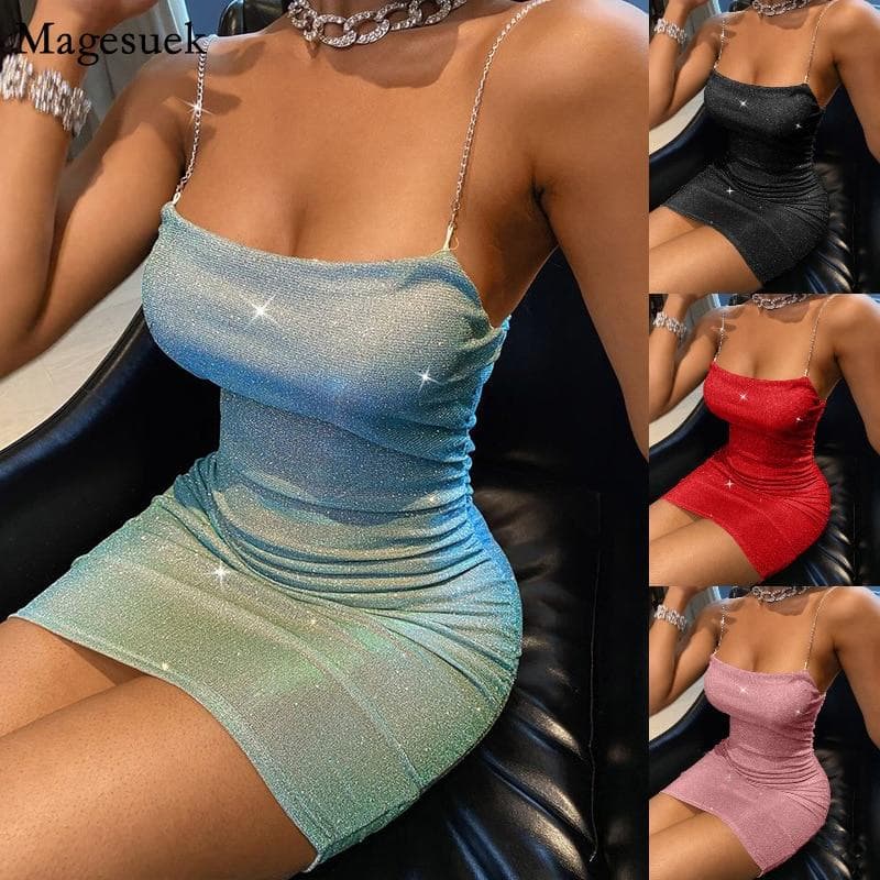 Sexy Party Club Šaty Ženy Pevné Bez rukávov Retiazka Slip Bodycon Šaty Dámske Letné Mini šaty s flitrami Lady Vestidos 21380 cm zelená