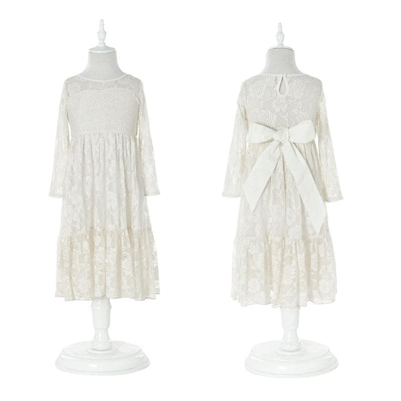 YUBAOBEI 2-12 Yrs Dievčenské čipkované dlhé šaty Sladká veľká mašľa s dlhým rukávom Baby Kids Princezná Svadobné šaty na ples