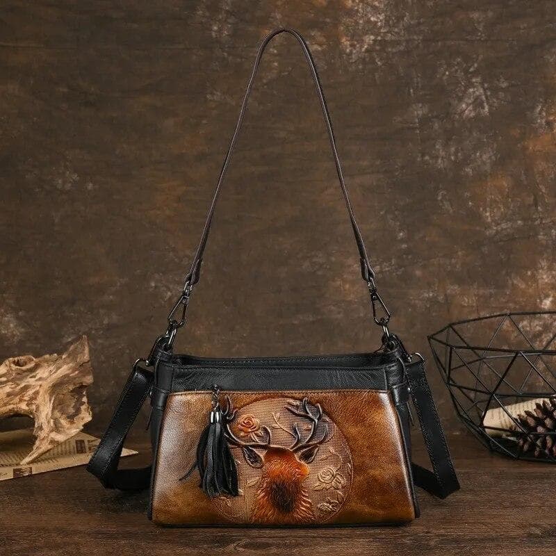 Retro reliéfna dámska taška Johnature z pravej kože Ručne maľovaná všestranná taška cez rameno a crossbody z hovädzej kože kávová