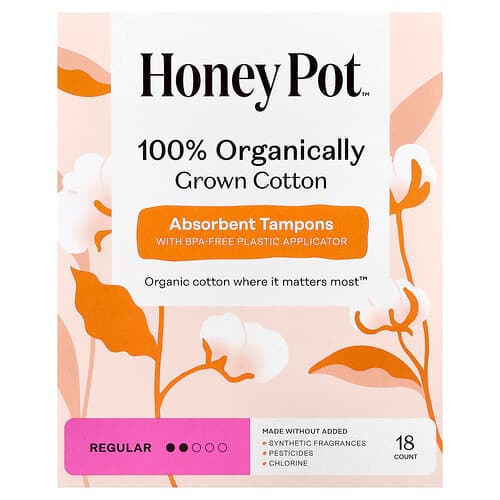 The Honey Pot Company, Absorpčné tampóny zo 100 % organicky pestovanej bavlny, bežné, 18 kusov