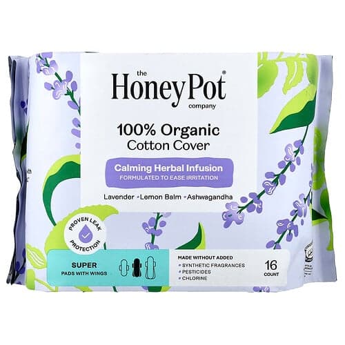 The Honey Pot Company, Organický upokojujúci bylinný nálev, vložky s krídelkami, Super, 16 kusov