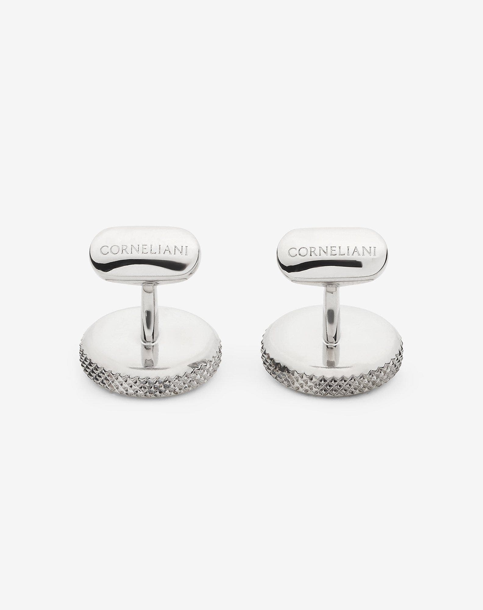 Round blue cuff links made from silver-tone brass
