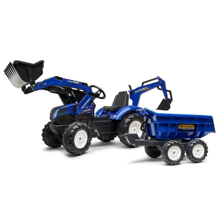 Falk Traktor šliapací New Holland T8 s nakladačom, rýpadlom a maxi vlečkou s vlečkou