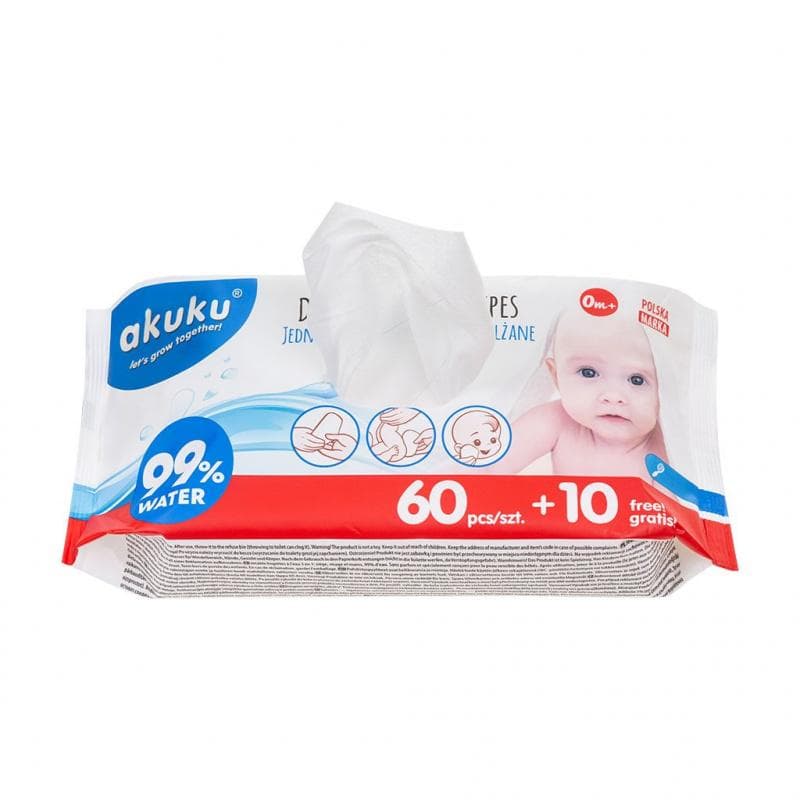 Akuku Detské vlhčené obrúsky 99% vody 60 + 10 ks ZADARMO