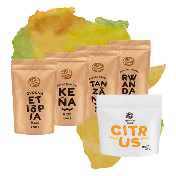 Káva Zlaté Zrnko - Balíček ovocných káv z Afriky 1050g (Etiópia, Keňa, Tanzánia, Rwanda, Citrus)