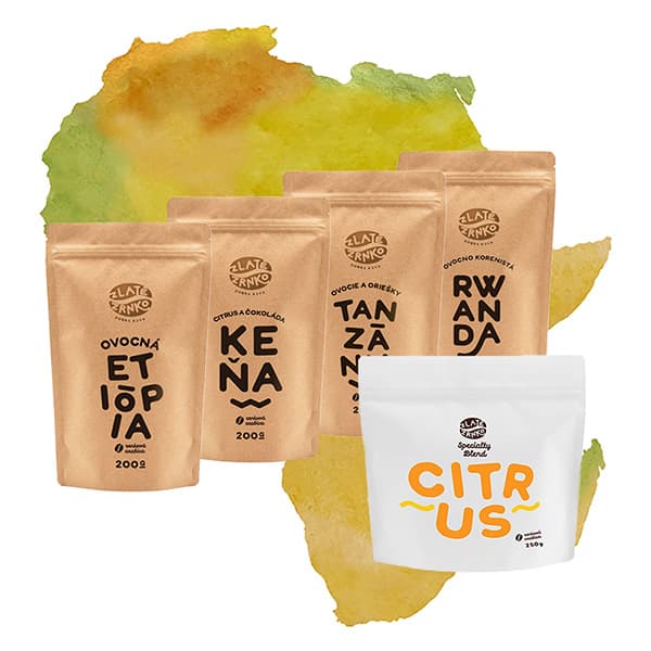 Káva Zlaté Zrnko - Balíček ovocných káv z Afriky 1050g (Etiópia, Keňa, Tanzánia, Rwanda, Citrus)