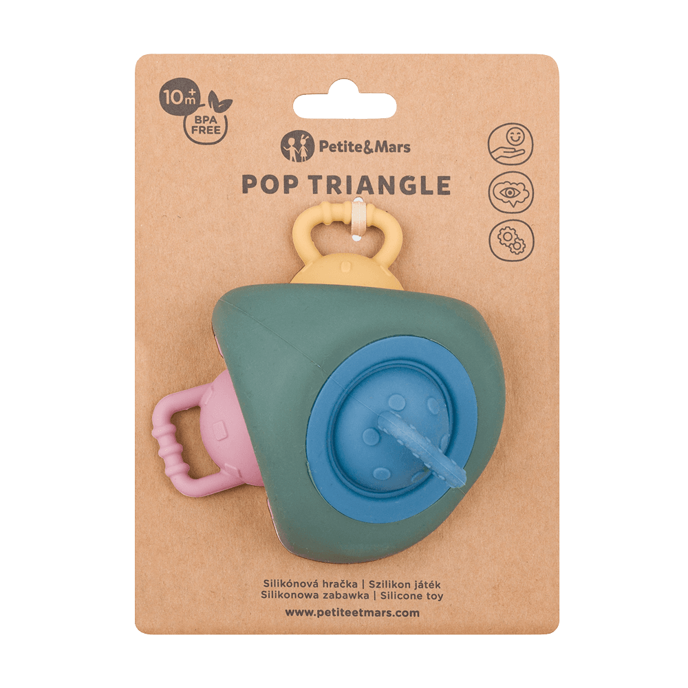 PETITE&MARS Hračka silikónová Pop Up Triangle Misty Green 10m+