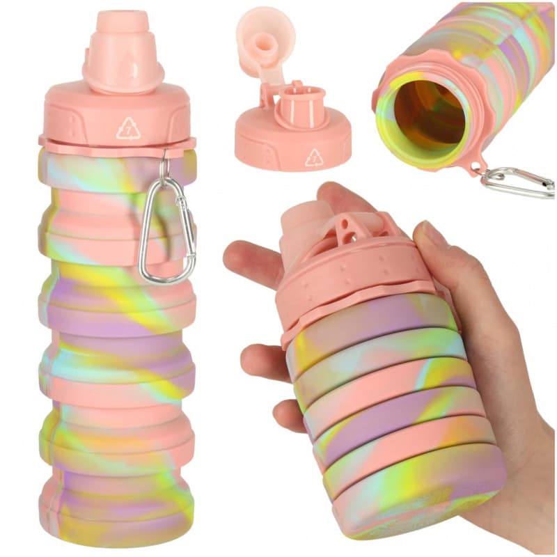 Fľaša na vodu silikónová skladacia s držadlom BPA Free 500ml dúhová
